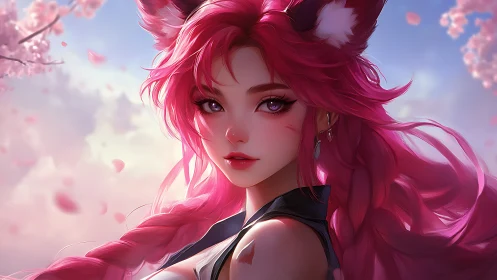 Fox-eared anime girl gazes over blossom-filled horizon