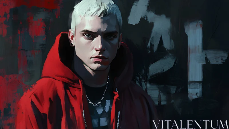 Young man in red hoodie stands against dark painted wall