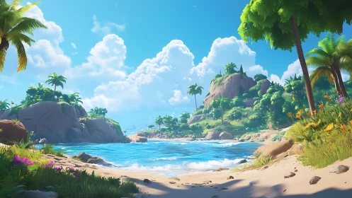 Tropical Coastal Landscape with Rocky Formations and Palm Trees