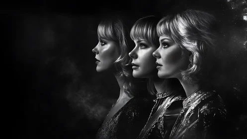 Three Women in Profile, Dramatic Black and White Portrait.