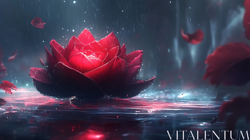 Red lotus on reflective water under soft rainfall.