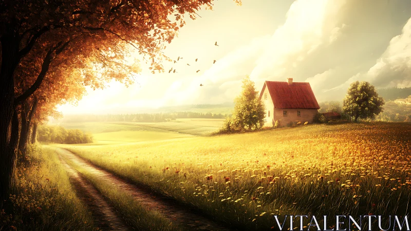 Sunlit country lane curling toward a quiet golden cottage.