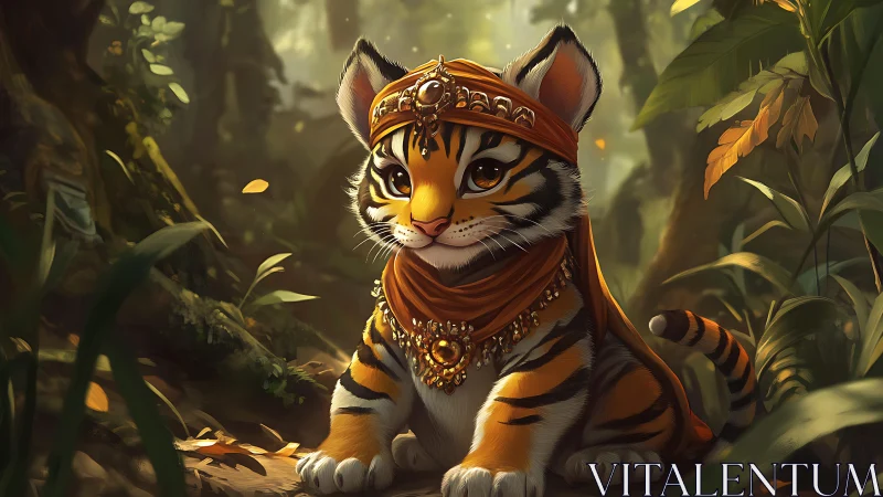 Regal tiger cub in ornate scarf within dense jungle.