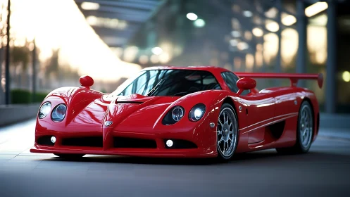 Crimson supercar poised for a sleek sunset city escape.