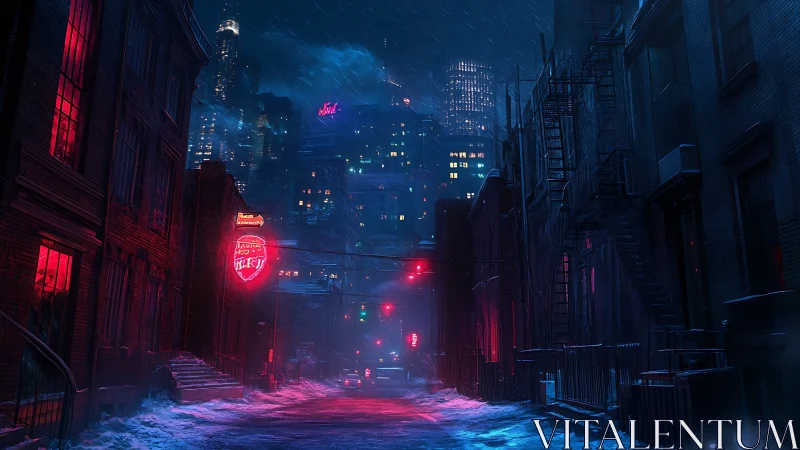 Neon lit snowy alley framed by dark city buildings at night.