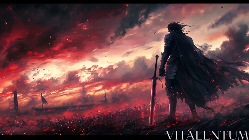 Lone duskblade knight brooding over ember-soaked battlefield.