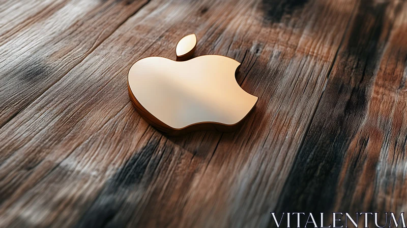 Polished Apple Logo on Wooden Surface with Directional Lighting.