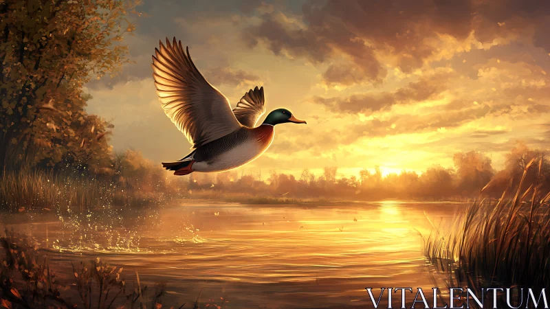 Male duck in flight over reflective lake at sunset.