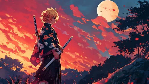 Samurai swordsman under crimson twilight sky and full moon