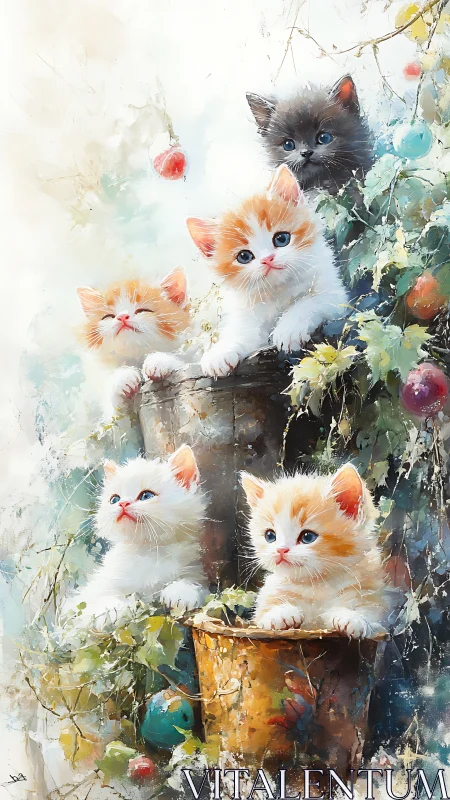 Five Mischievous Kittens Perched Among Ivy & Apples.