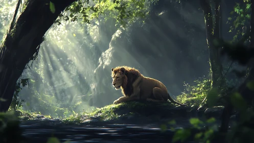 Lone lion resting on a mossy ledge in sunlit jungle clearing.