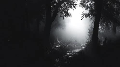 Misty Forest Path Glowing Through Ancient Trees