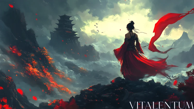 Warrior in red gazes over stormlit volcanic kingdom.