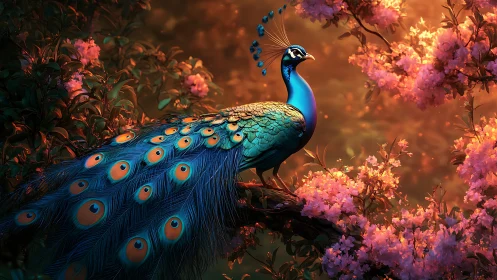 Digital painting of peacock amid luminous spring blossom canopy.