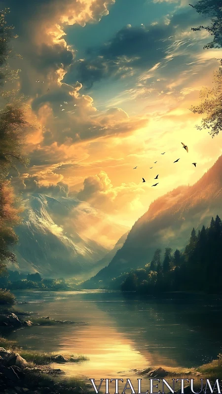 Dramatic mountain valley lake under glowing sunset sky.