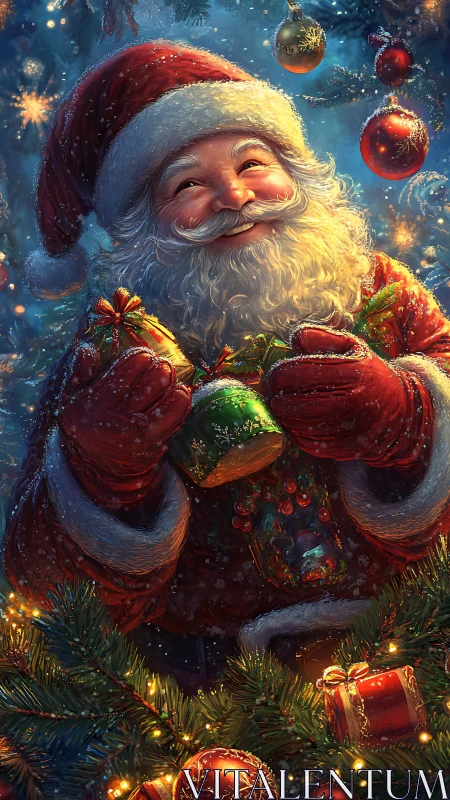 Jolly Santa sharing Christmas cheer with sparkling gifts.