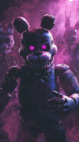 Glowing-eyed killer animatronic rabbit stalks through purple fog