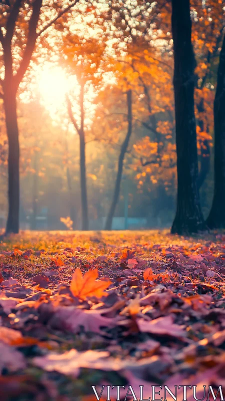 Backlit autumn forest floor in glowing sunset haze.