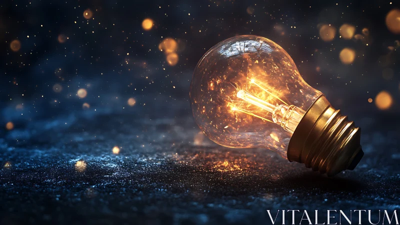 Glowing light bulb on glittering surface under bokeh sparks.