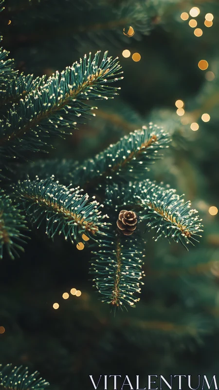 Macro evergreen branch with pinecone and warm festive bokeh.
