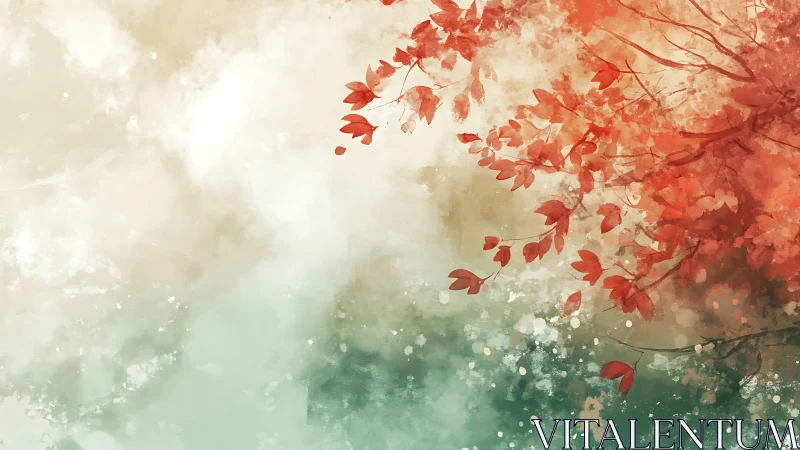 Autumn red leaves drifting above soft teal misty ground.