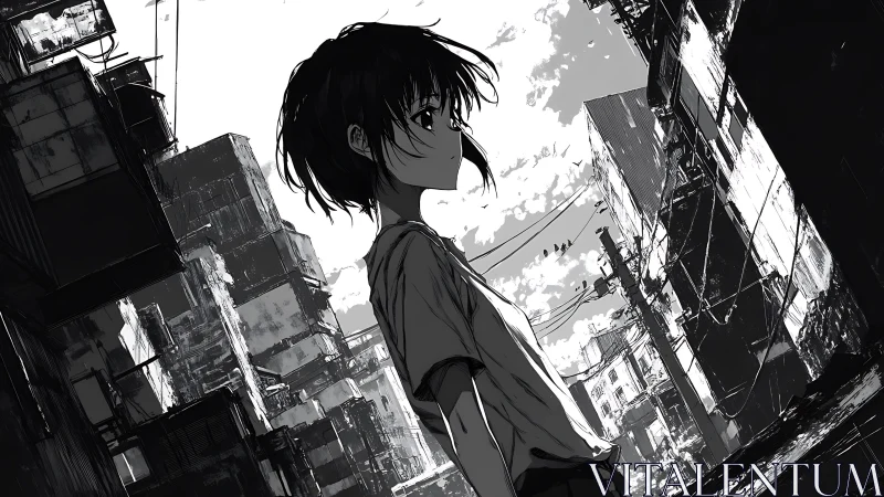 Side profile of youth in dense monochrome urban ruins