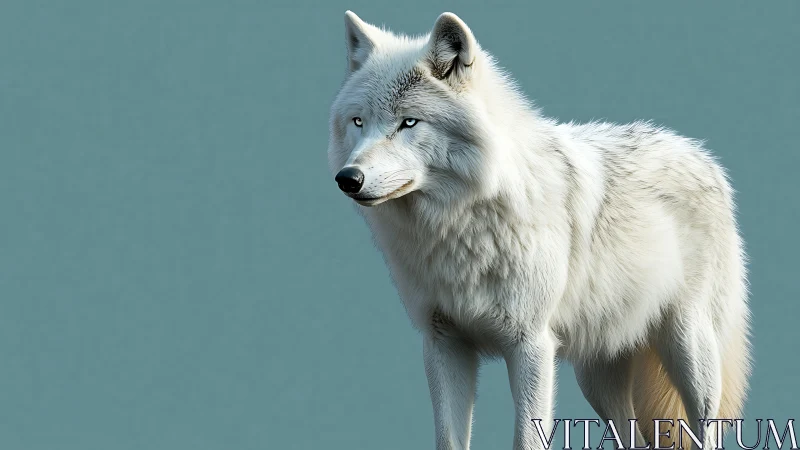 Photorealistic arctic wolf profile on minimal teal backdrop.