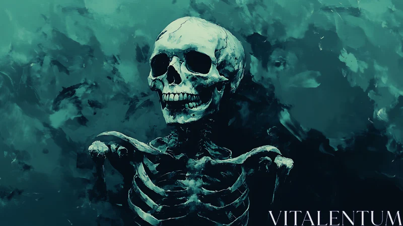 Laughing teal skeleton adrift in swirling midnight depths.