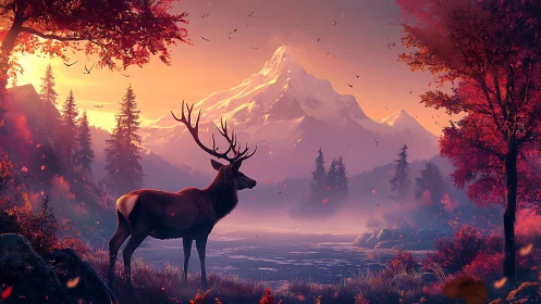Golden stag pauses by a glowing autumn mountain lake at dawn