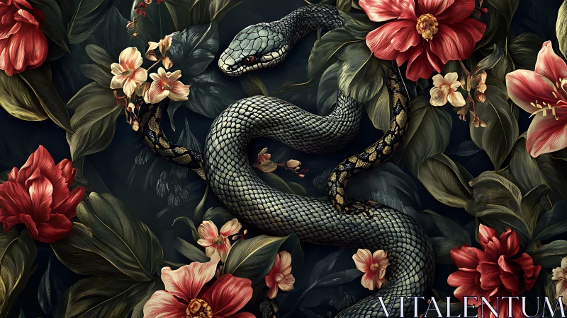 Coiled serpent amid lush crimson florals on dark ground.