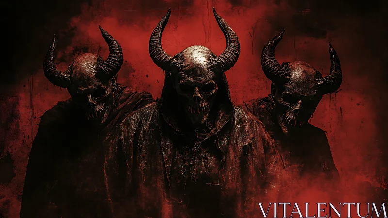 Horned shadows stride forward through a furnace-red abyss