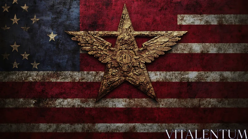 Winged bronze star carves grit into a weathered flag field