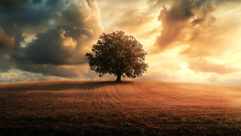 Golden evening tree rests quietly beneath glowing skies