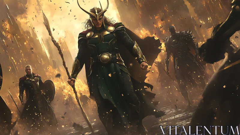 Armored figure with horned helm leading group in firelit ruins.