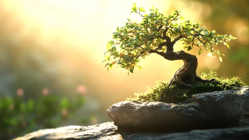 Sunlit bonsai tree crowns rugged stone with vivid greens.