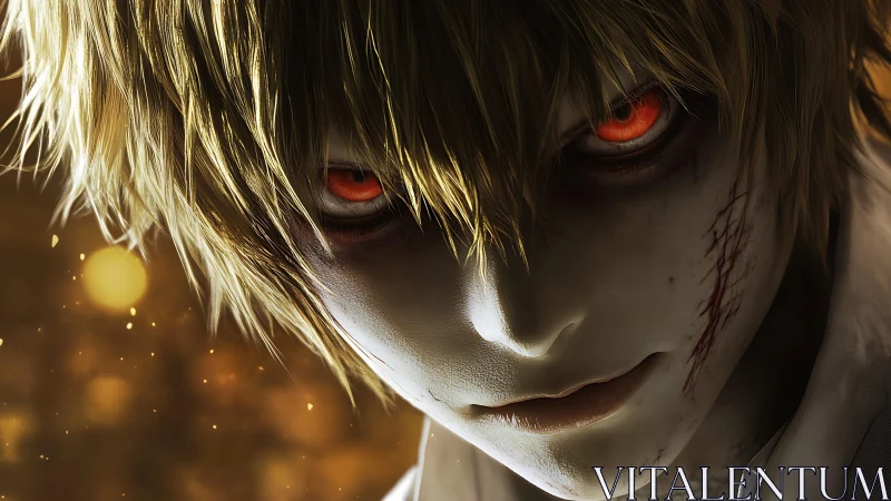 Close view of pale anime figure with red glowing eyes.