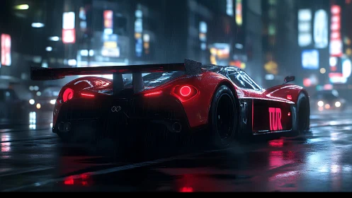 Sleek red race car glows warmly on a rainy neon city street