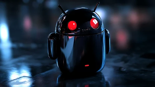 Glossy black android robot with emissive red optics on wet floor