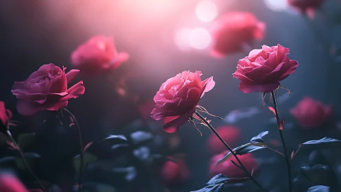 Luminous Pink Roses Dance Through Twilight's Velvet Embrace