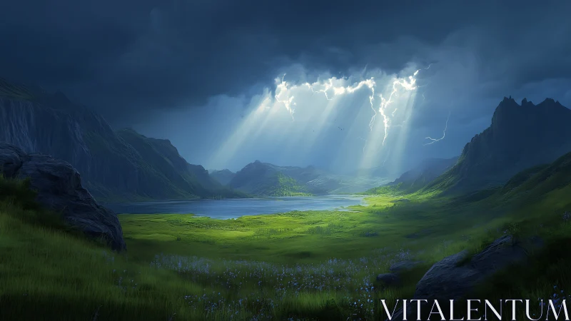Mountain valley lake under storm clouds with light beams.