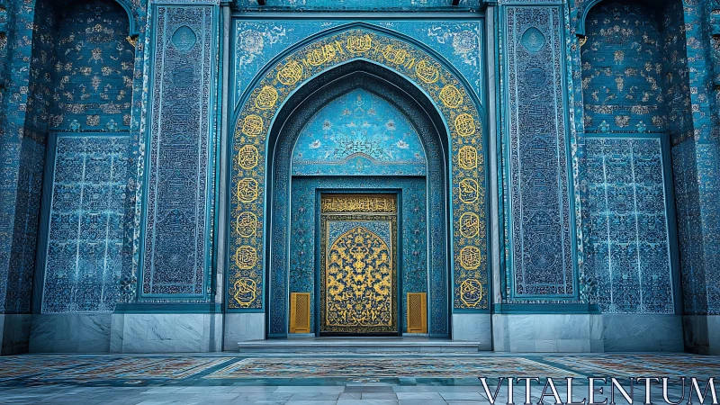 Turquoise sanctuary doorway wrapped in luminous golden script.