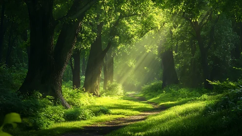 Sunlit Forest Path with Lush Greenery and Tranquil Atmosphere.