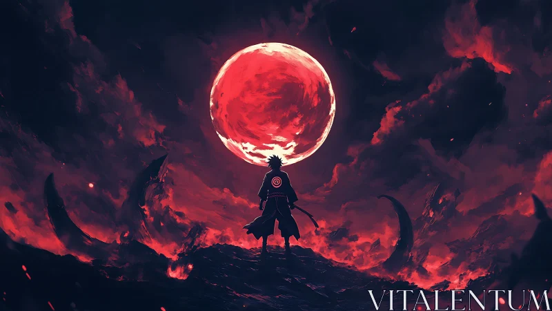 Lone warrior under red moon in apocalyptic crimson sky.