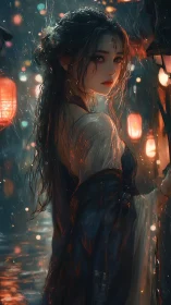 Rainlit lantern maiden turns through a fever-dream alleyway.