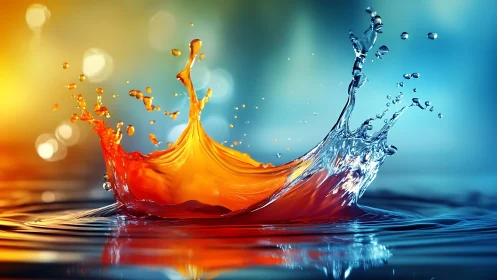 Color-saturated liquid splash merging orange and blue water.
