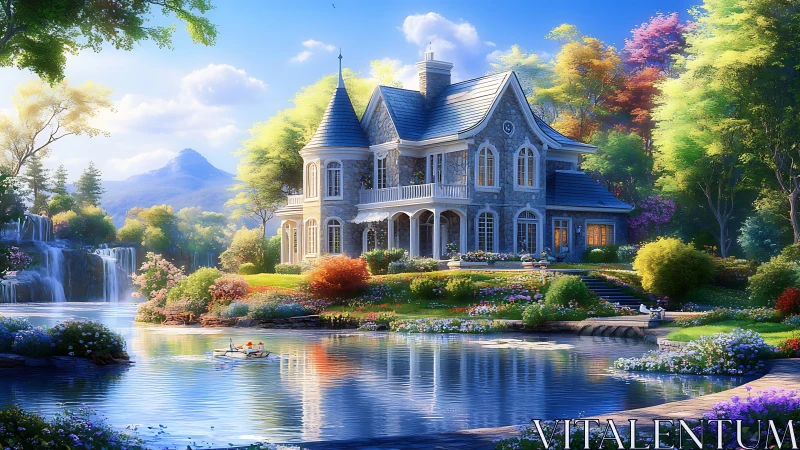 Fairytale stone villa beside tranquil lake and waterfalls.
