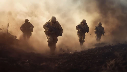Dust-storm fireteam advancing through bronze battlefield haze.