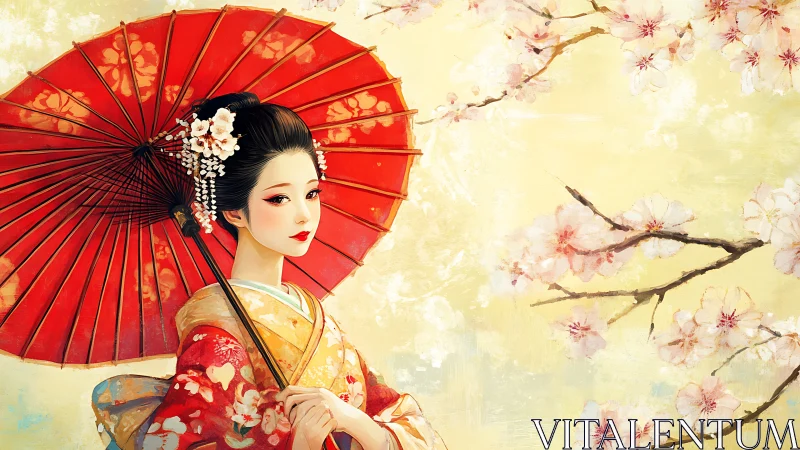 Geisha in patterned kimono with red umbrella and blossoms.