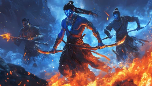 Blue-skinned archers advance through fire with glowing weapons