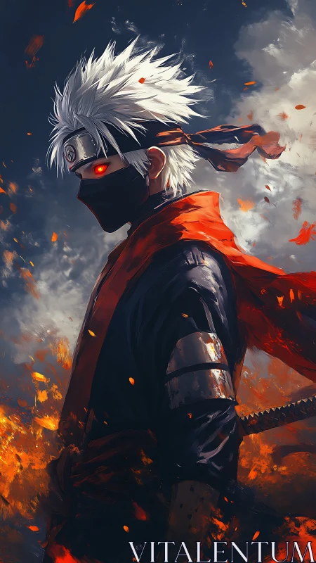 Fierce masked warrior stands in glowing embers and stormlight